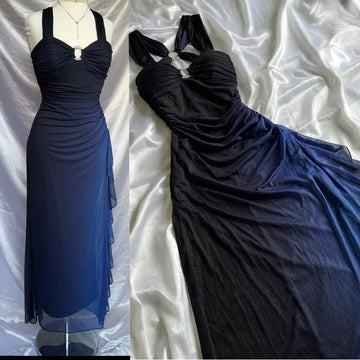 Niulatu dresses under $160||Elegant Gradient Navy Blue Sheath Spaghetti Straps Sparkling Chiffon Prom Dress for Party HZ1026